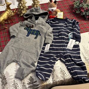 Bundle 3 pc, 2 Carter's Gray Moose and Navy Striped Footies & Baby Starters toy